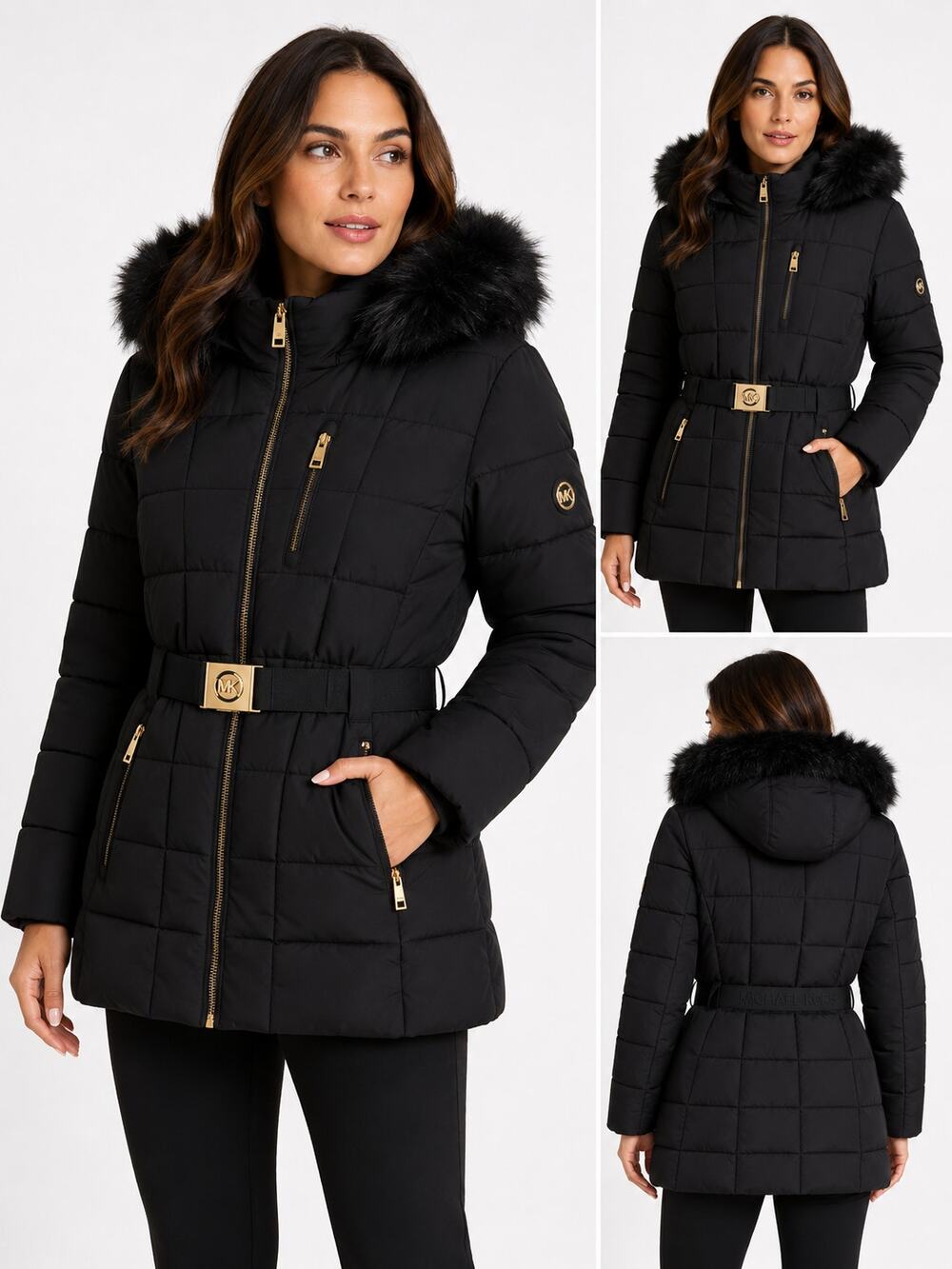 NWT Michael Kors Belted Faux Fur Hood Puffer Coat Black XXXL